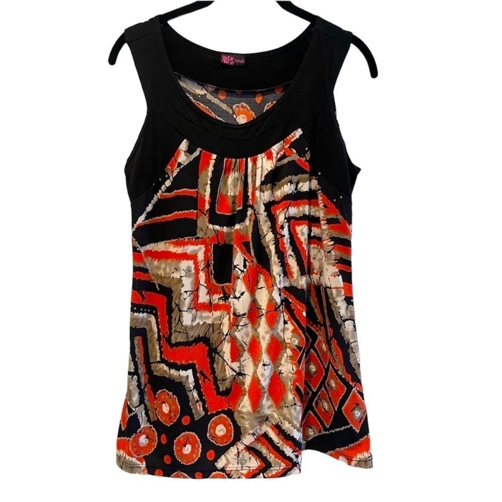Agenda Tank Top Black Orange Abstract Boho Sleeveless Blouse Women Medium